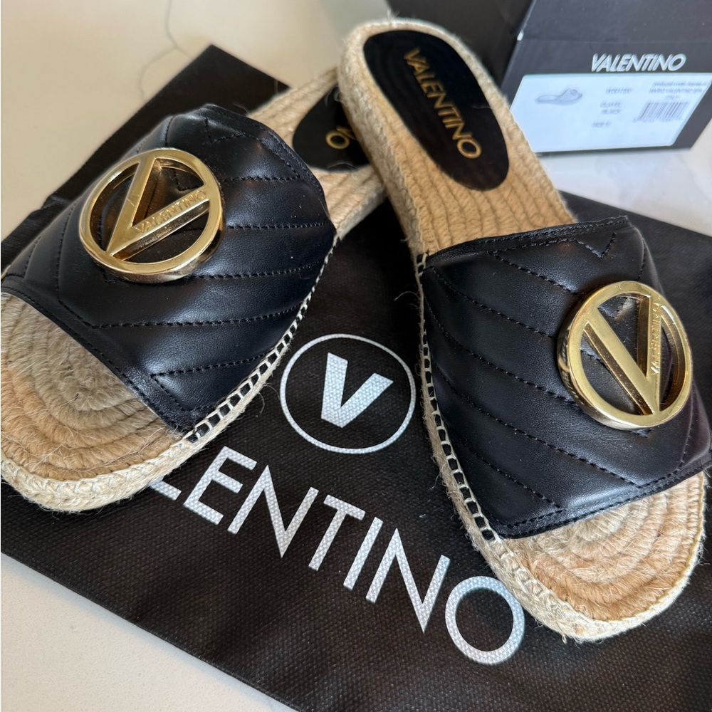 Valentino Black and Gold Espadrille Slides